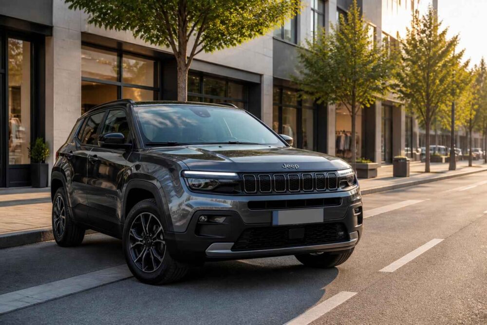 Czarny Jeep Compass zaparkowany przy nowoczesnych budynkach i drzewach na miejskiej ulicy