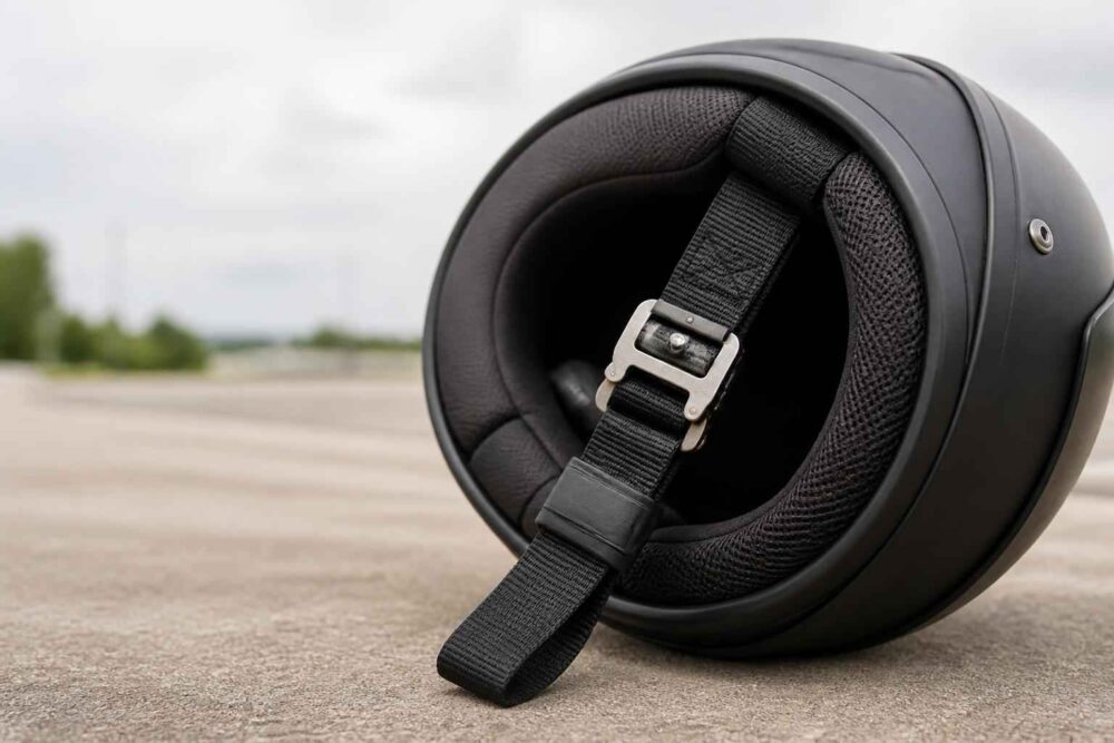 Czarny kask motocyklowy leżący na boku na asfaltowej drodze pod pochmurnym niebem