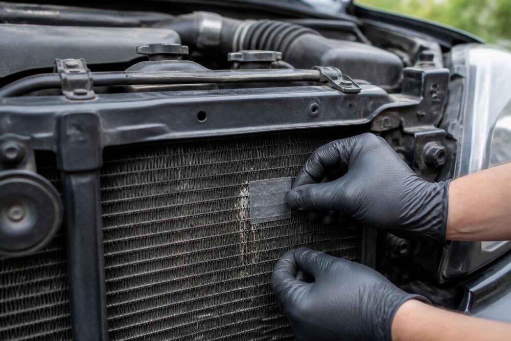 Mechanik w rękawicach czyści chłodnicę samochodową pod maską auta