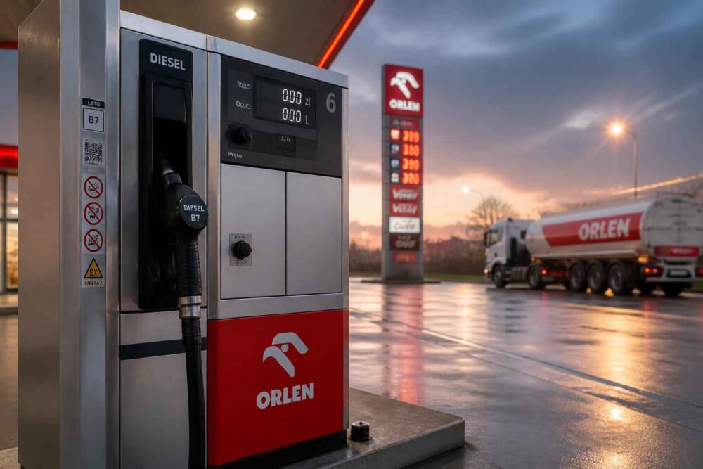 Dystrybutor diesla ORLEN na mokrej stacji paliw, w tle cysterna i podświetlany pylon cenowy