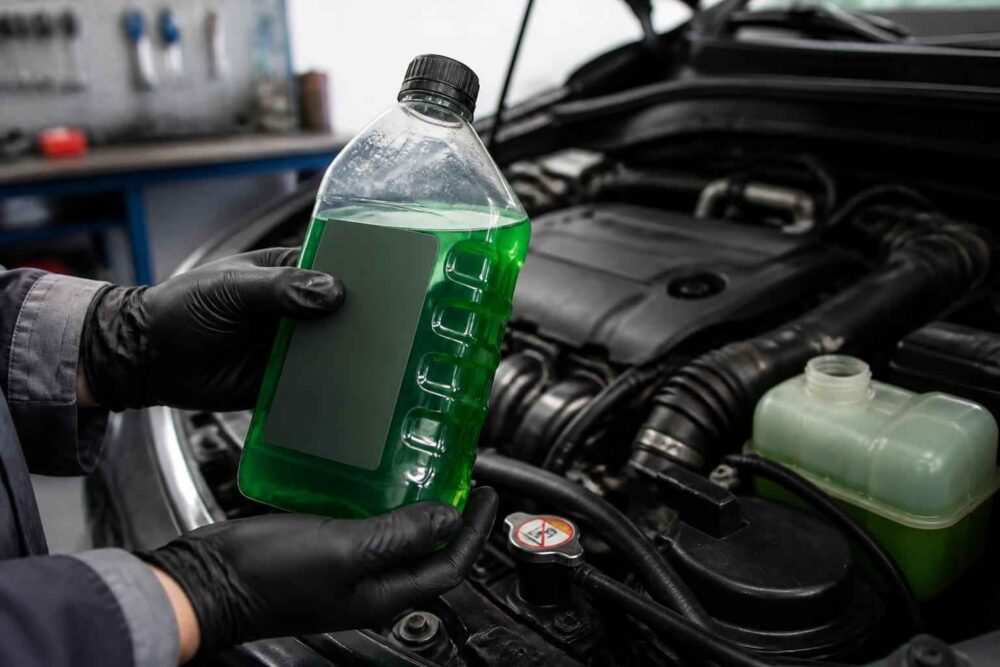 Mechanik w rękawiczkach trzyma butelkę zielonego płynu przy otwartej komorze silnika