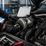 Mechanik w rękawicach montuje turbosprężarkę w otwartym silniku samochodu