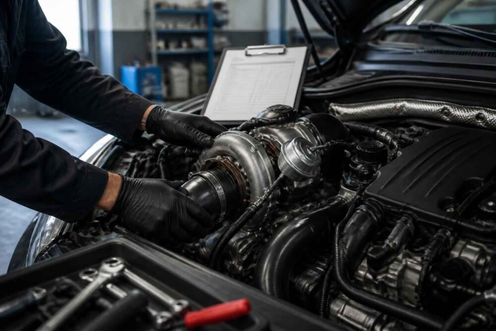 Mechanik w rękawicach montuje turbosprężarkę w otwartym silniku samochodu