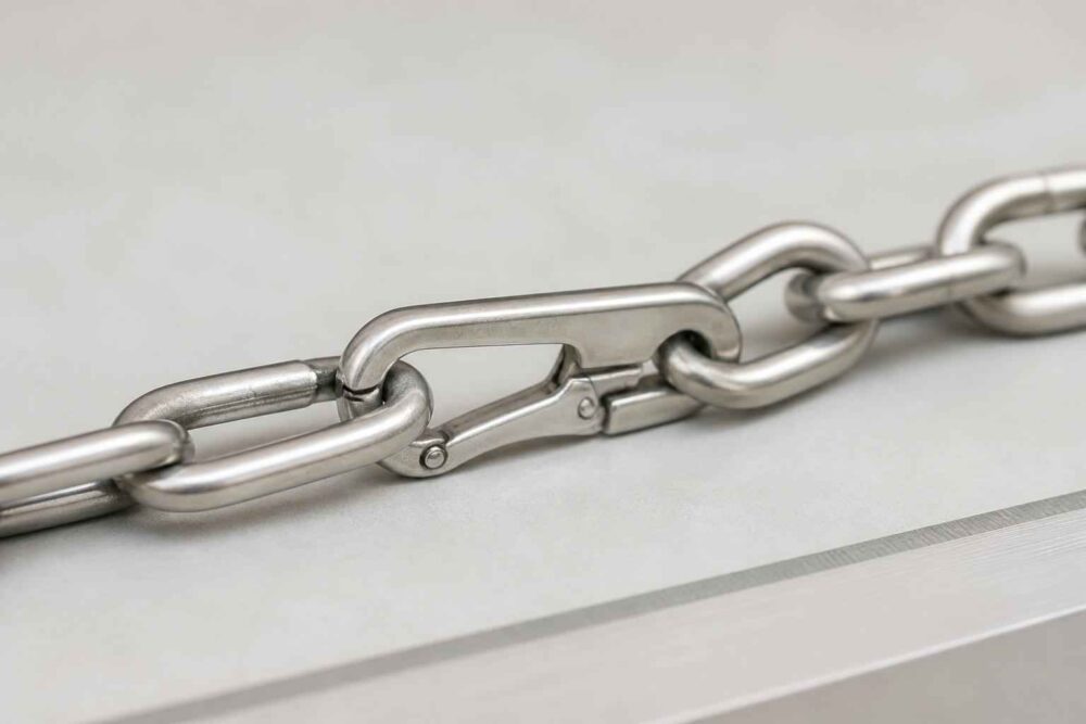Srebrny metalowy łańcuch z karabińczykiem na jasnym tle