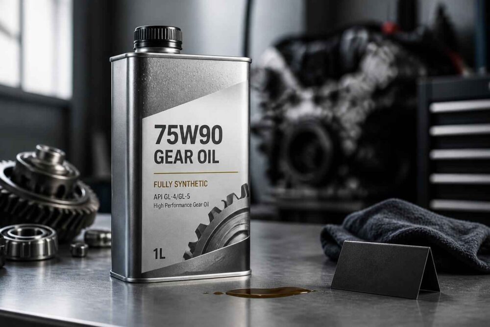 Metalowa puszka oleju przekładniowego 75W90 na stole warsztatowym obok części samochodowych