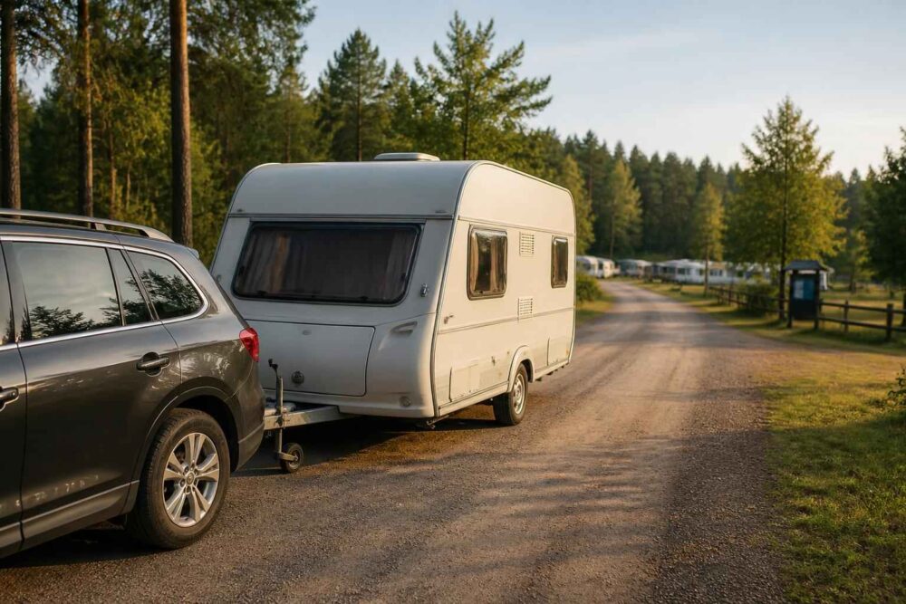 Przyczepa kempingowa na leśnym campingu Samochód holujący jasną przyczepę kempingową na żwirowej drodze wśród drzew