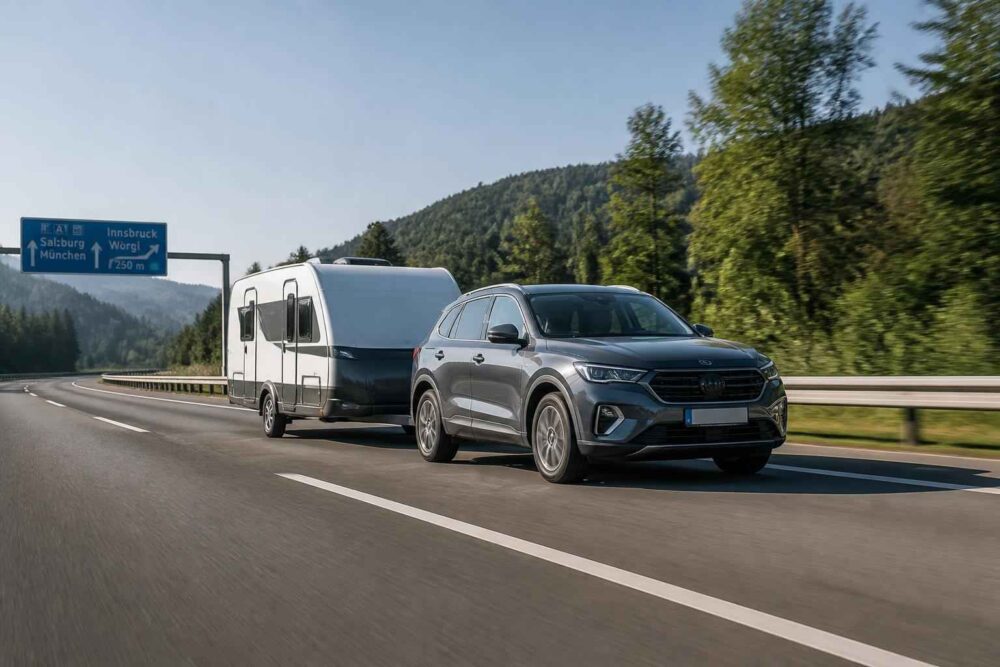Szary samochód SUV holuje przyczepę kempingową po autostradzie w górskim krajobrazie