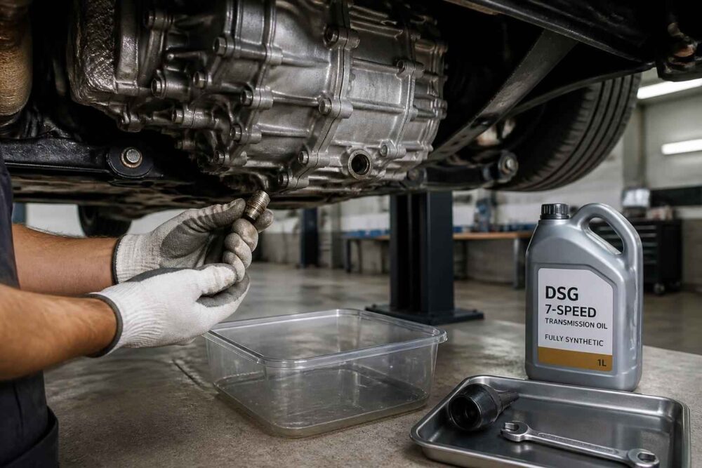 Serwis oleju w przekładni DSG Mechanik spuszcza olej z przekładni DSG do pojemnika obok butelki oleju serwisowego i miski warsztatowej