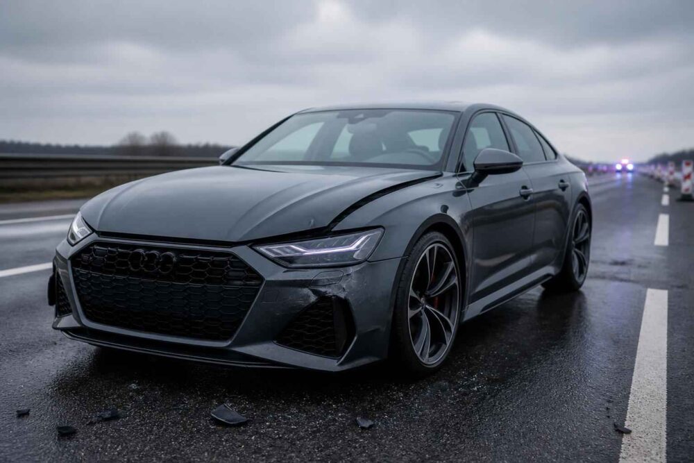 Ciemnoszary sportowy sedan stojący na mokrej autostradzie podczas pochmurnej pogody, z radiowozami w tle