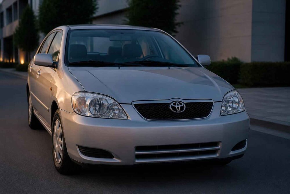 Srebrna Toyota Corolla zaparkowana przed nowoczesnym budynkiem o zmierzchu