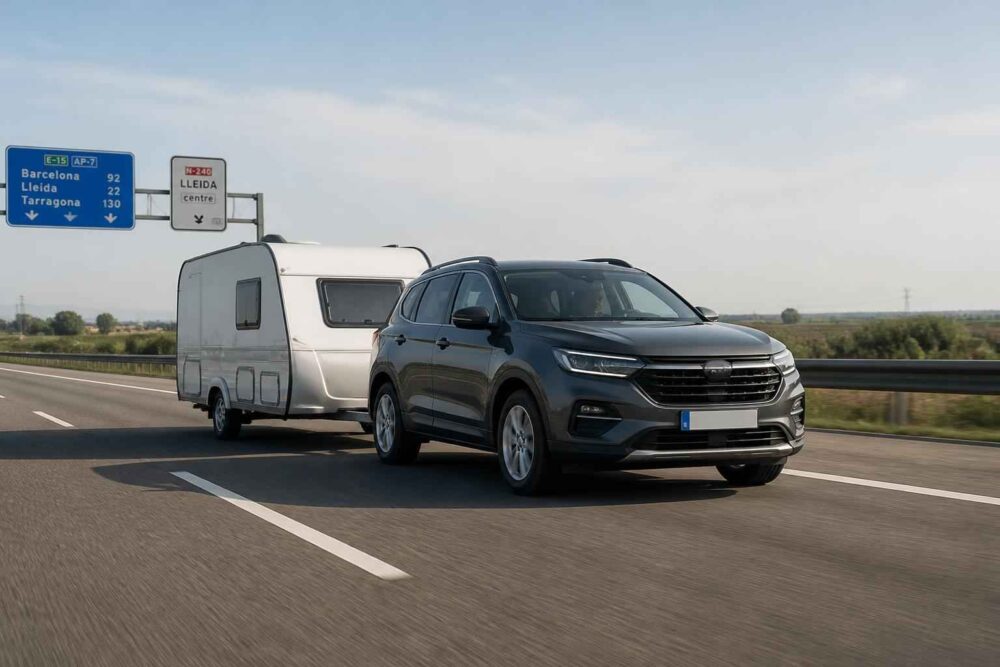 Ciemny SUV holuje białą przyczepę kempingową, mijając drogowskazy do Barcelony i Tarragony