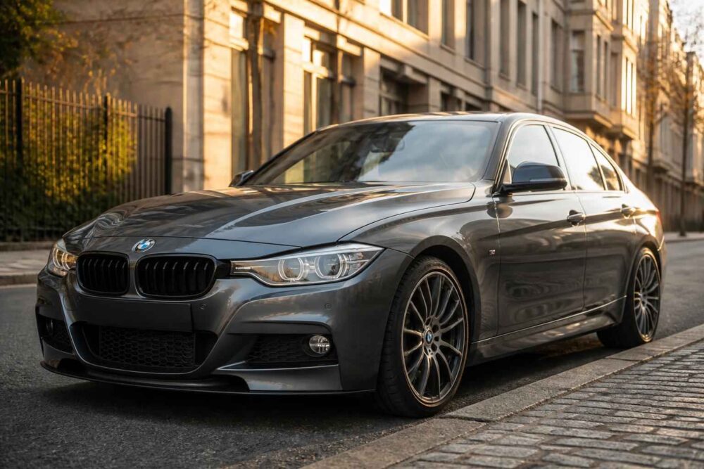 Szare BMW sedan zaparkowane na brukowanej ulicy wśród miejskiej zabudowy