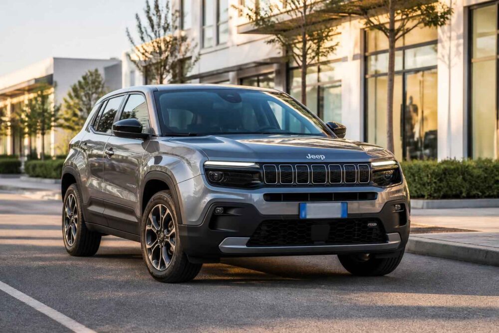 Szary Jeep Compass zaparkowany przy krawężniku przed nowoczesnym budynkiem z dużymi oknami