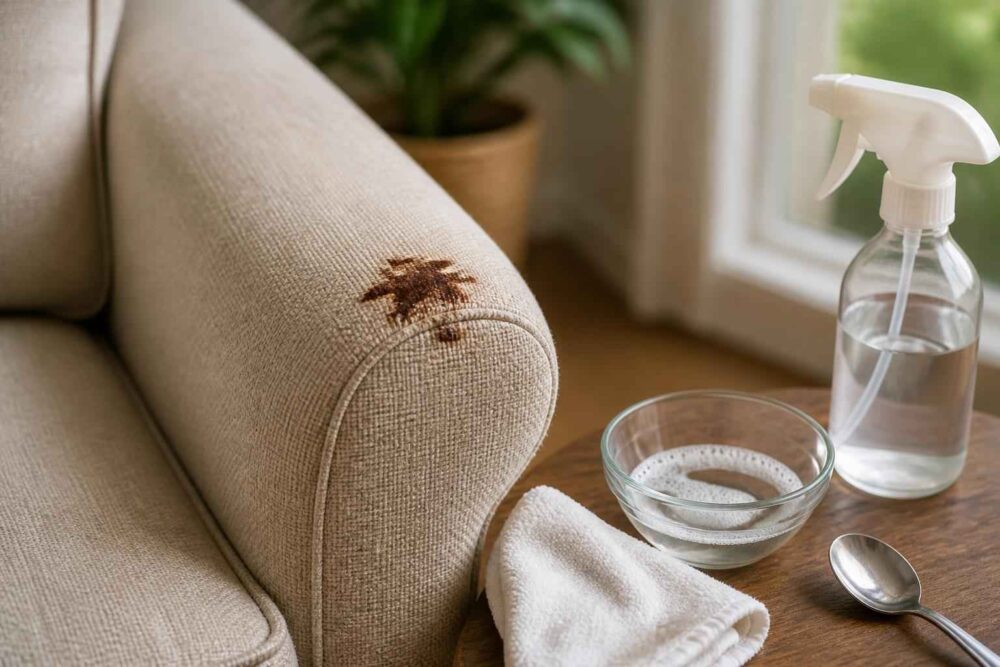Plama na beżowej tapicerce obok miski z roztworem, spryskiwacza, ściereczki i łyżki