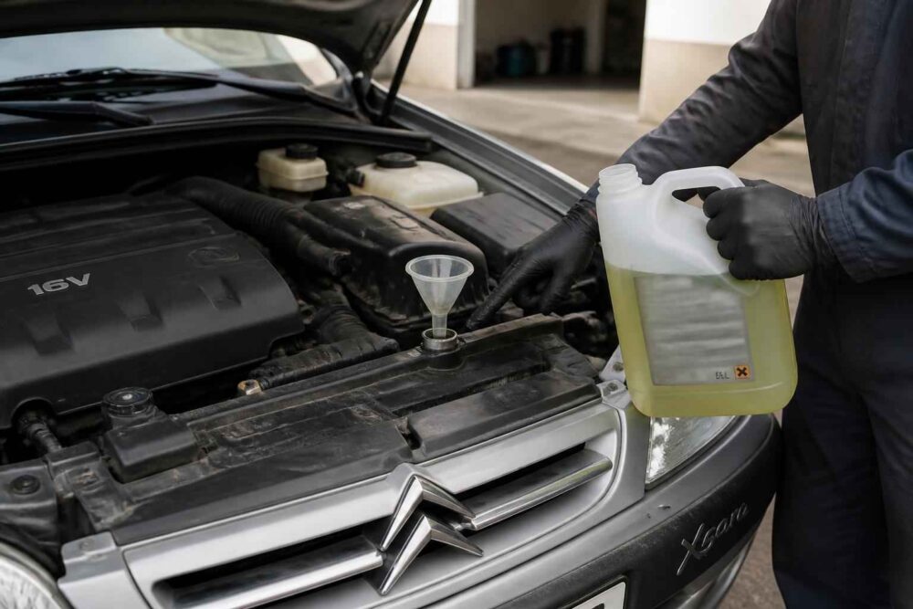 Mechanik w rękawicach dolewa płyn do zbiornika w komorze silnika samochodu Citroën