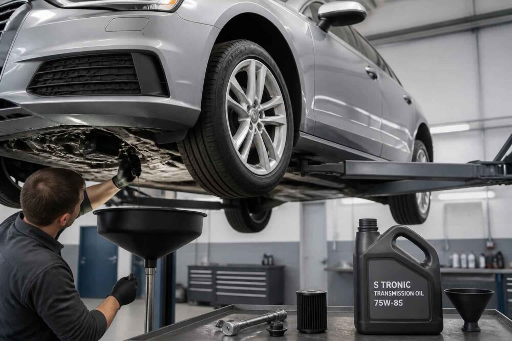 Mechanik wymienia olej w skrzyni biegów podniesionego samochodu Audi w warsztacie samochodowym