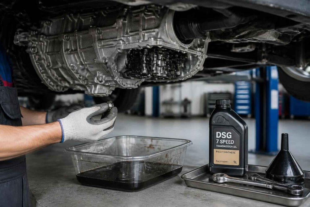 Mechanik wymienia olej w skrzyni DSG, używając pojemnika ociekowego i butelki oleju serwisowego