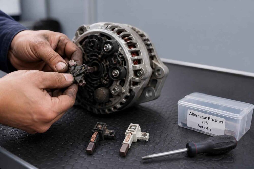 Mechanik wymienia szczotki w alternatorze, obok leżą nowe szczotki i śrubokręt